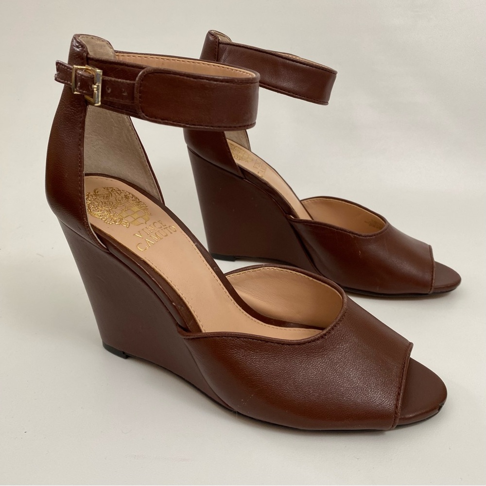 Vince Camuto Peep Toe Wedge Ankle Strap Size 7 Brown Heeled Sandals Women’s - Picture 10 of 14